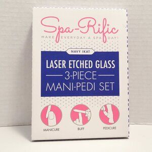 Spa-Rific Navy Ikat Laser Etched Glass 3 Piece Mani- Pedi Set New in box